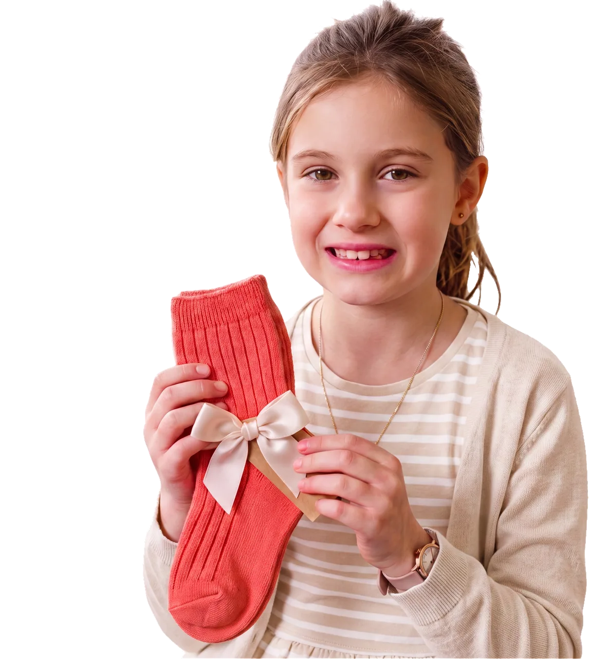 A child holding a coral gift sock tied with a ribbon, smiling.